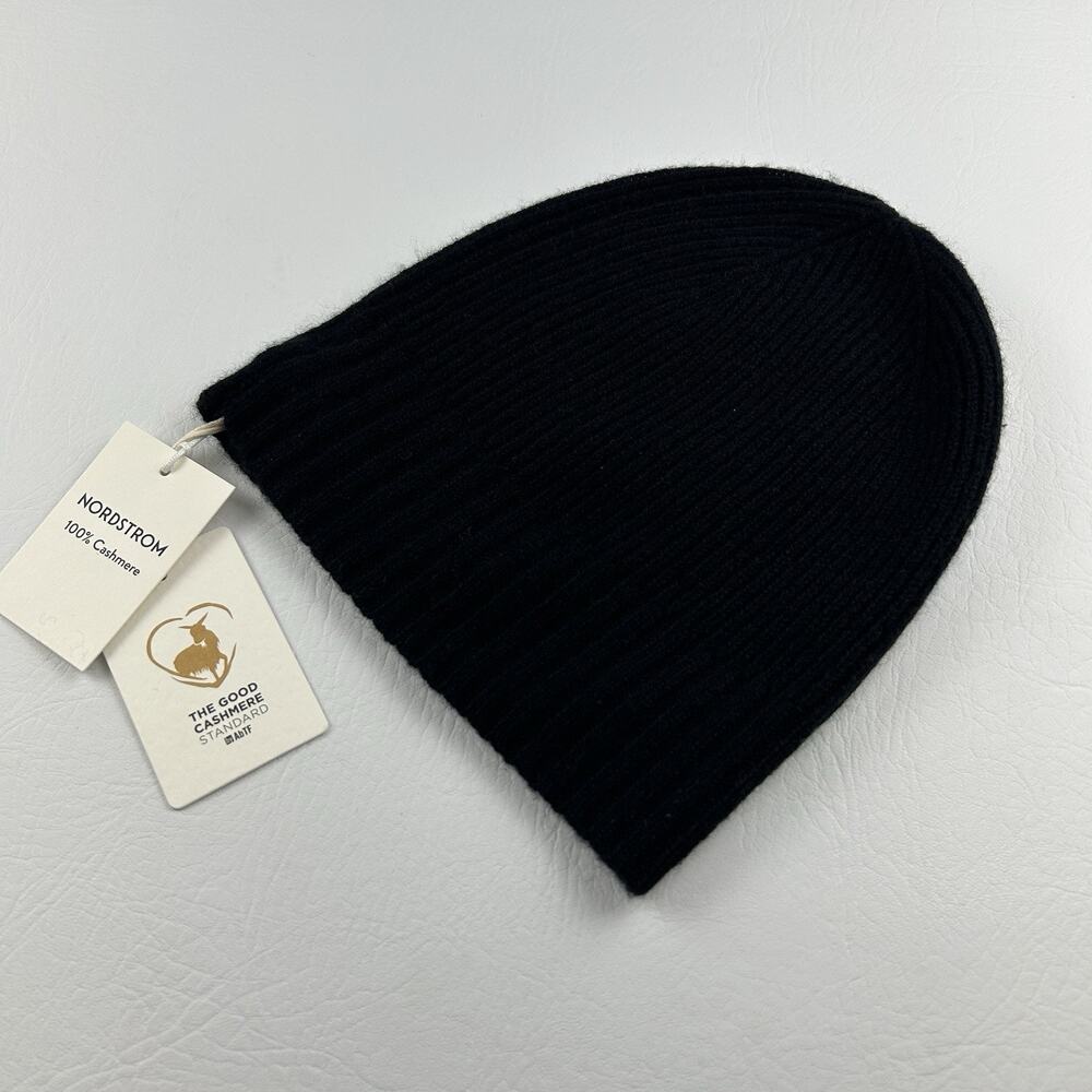 Nordstrom 100% Cashmere Rib Knit Beanie Hat Black One Size Soft Luxury NWT - Picture 5 of 10